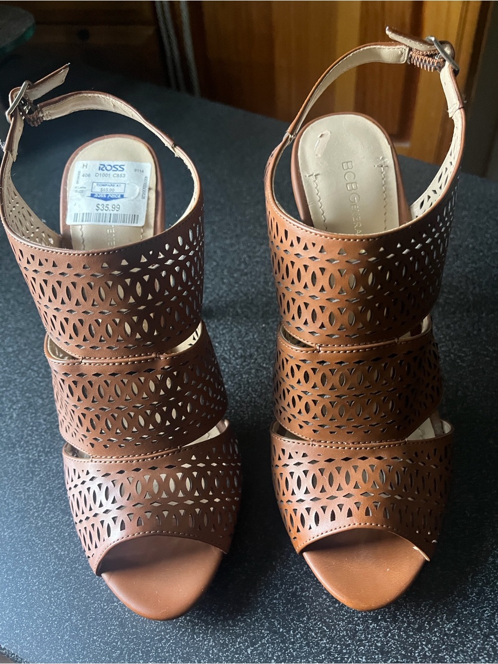 BCBGeneration Tan Laser-Cut Peep-Toe Block Heel Sandals